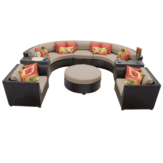 7 Seater Outdoor Garden Sectional Wicker Half Moon Round Sofa with Ottoman (Dark Brown & Cream)
