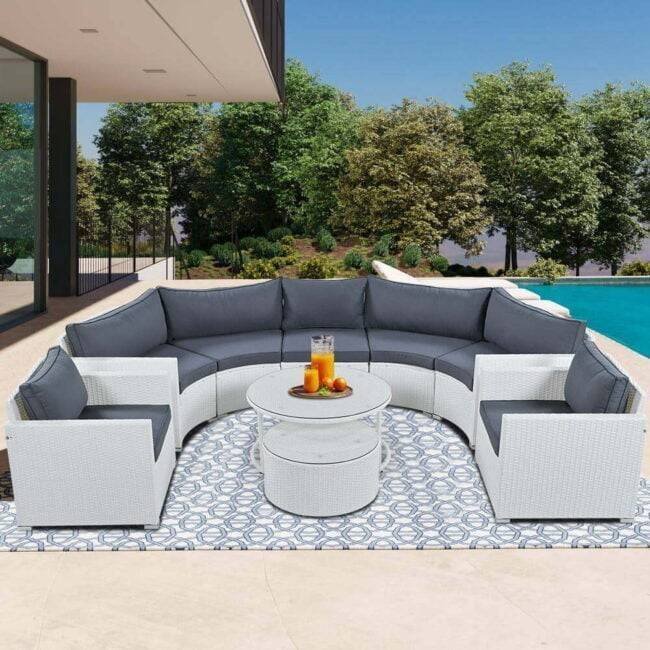 7 Seater Half-Moon Outdoor Wicker Sectional Furniture Conversation Set (White & Dark Grey)