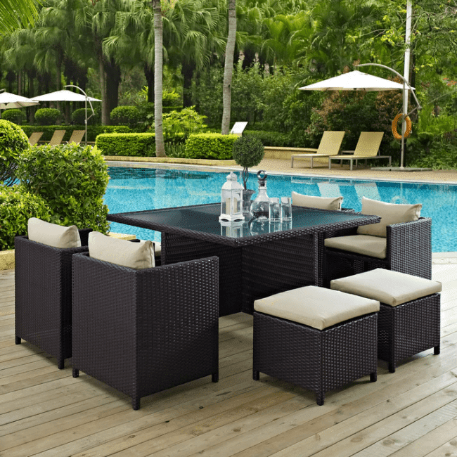 7 Piece Outdoor Wicker Dining Set With Ottoman And Table(Dark Brown & Cream)Table Without Glass Top