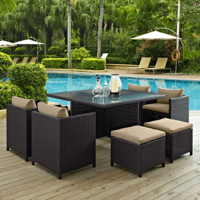7 Piece Outdoor Wicker Dining Set With Ottoman And Table(Black & Beige) Table Without Glass Top