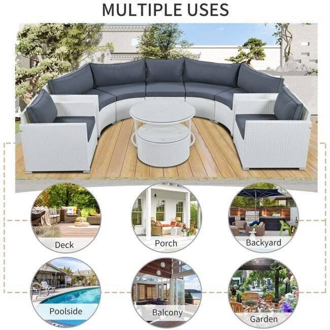 7 Seater Half-Moon Outdoor Wicker Sectional Furniture Conversation Set (White & Dark Grey) - Image 5