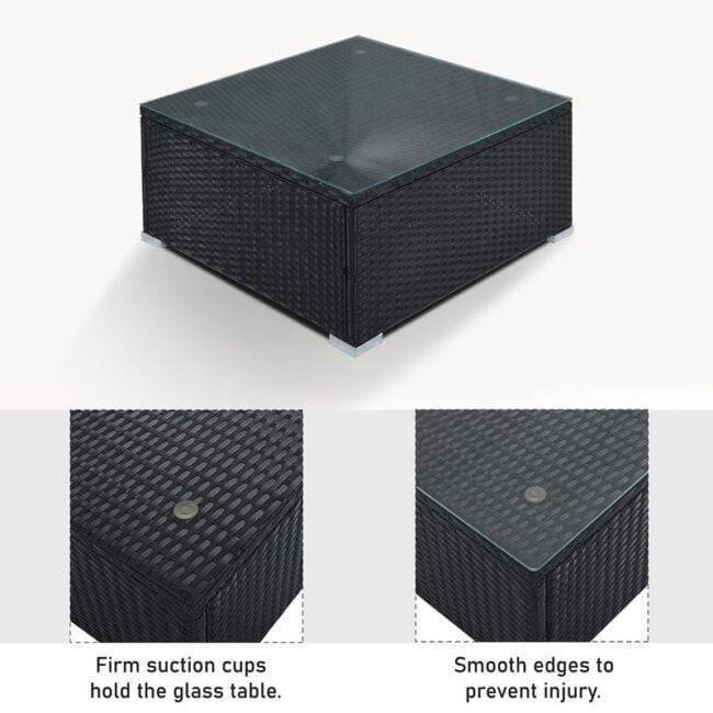 Rattan L-Shape Outdoor Wicker Sofa Couch with Ottoman & Square Glass Top Coffee Table (Black & Grey) - Image 3