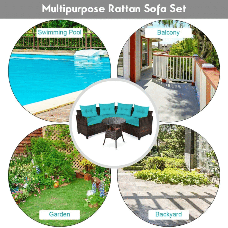 4 Seater Wicker Outdoor Patio Set with Chair Round Glass Top Table(Dark Brown & Sky Blue) - Image 6