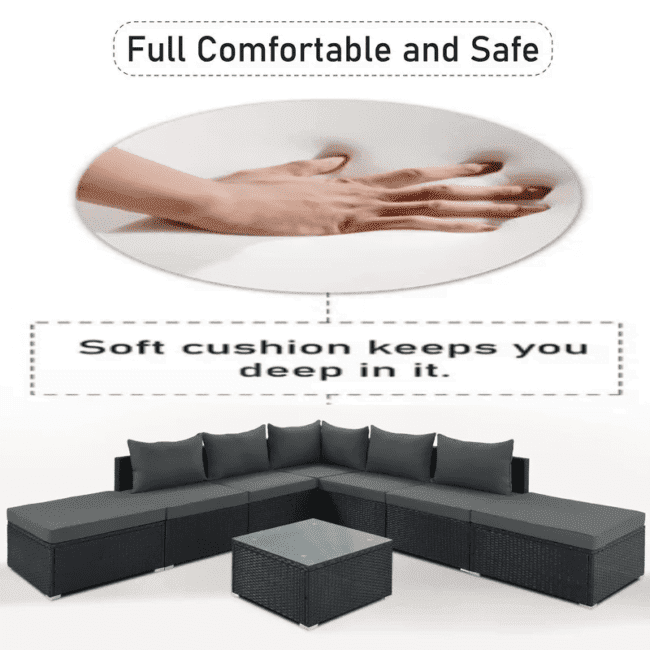 Rattan L-Shape Outdoor Wicker Sofa Couch with Ottoman & Square Glass Top Coffee Table (Black & Grey) - Image 4