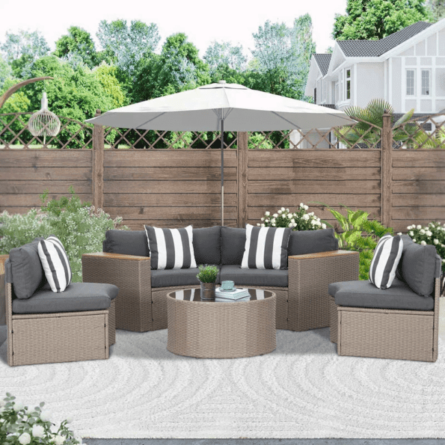 5-Piece Patio Outdoor Half-Moon Wicker Sectional Sofa Set with Wood Top Arm and Round Shape Center Table(Brown & Black) - Image 4