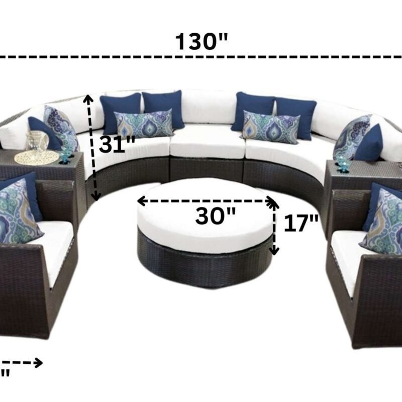 7 Seater Outdoor Indoor Garden Sectional Wicker Half Moon Round Sofa (Dark Brown & White) - Image 2