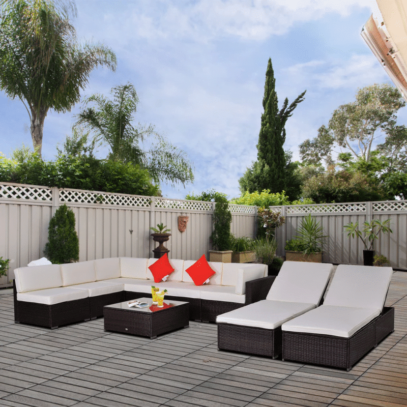 6 Seater Rattan Patio Outdoor Conversation Sofa Set with Center Table and Waterproof Recliner Lounge Chair(Dark Brown & White) - Image 7