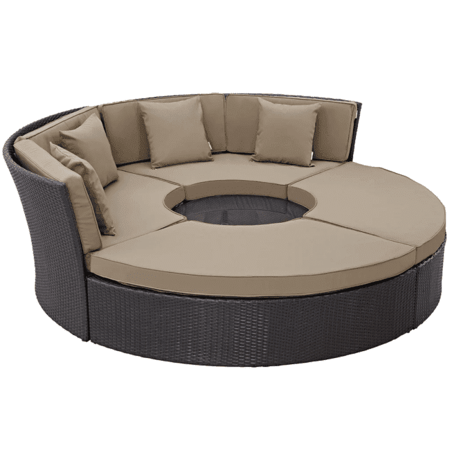 Wicker Outdoor Patio Round Daybed With Coffee Table(Dark Brown & Beige)