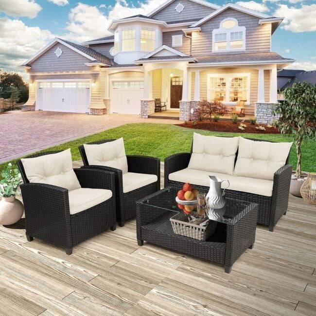 4-Piece Outdoor Wicker Sofa Set HDPE Rattan Sofa & Glass Top Center Table(Black & Cream) - Image 4