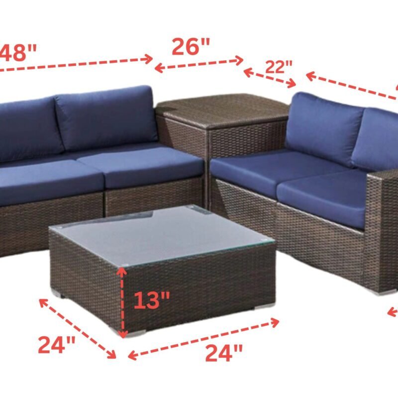 4 Piece Outdoor Wicker Furniture Patio Sofa Set with Glass Top Coffee Table and Side Table(Dark Brown & Navy Blue) - Image 2