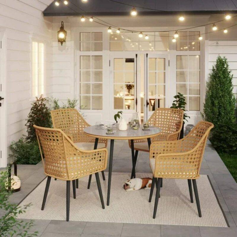 5 Piece Wicker Outdoor Indoor Space Saving Dining Set(Beige & Cream)Table Without Glass Top
