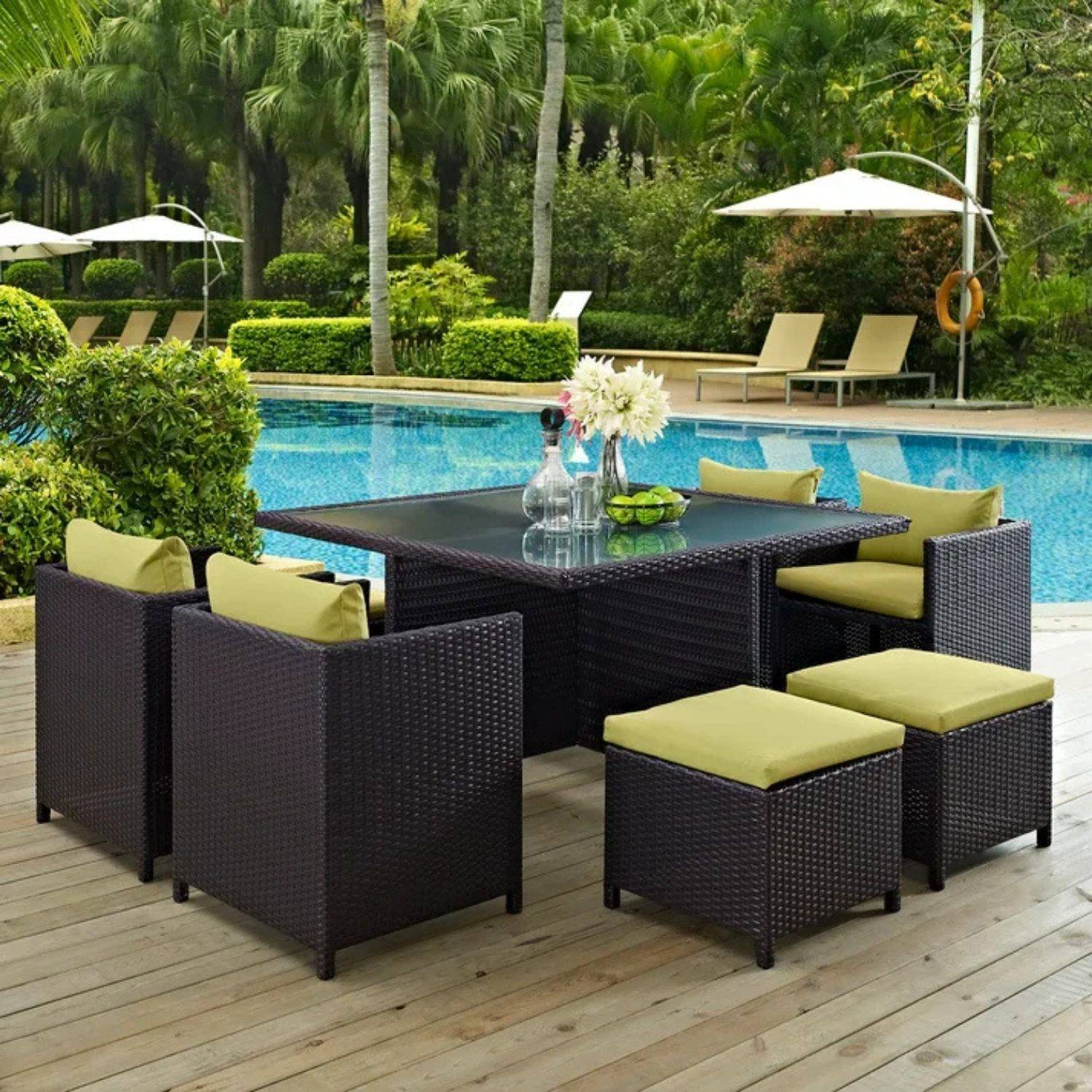 7 Piece Outdoor Wicker Dining Set With Ottoman And Table(Dark Brown & Green)Table Without Glass Top