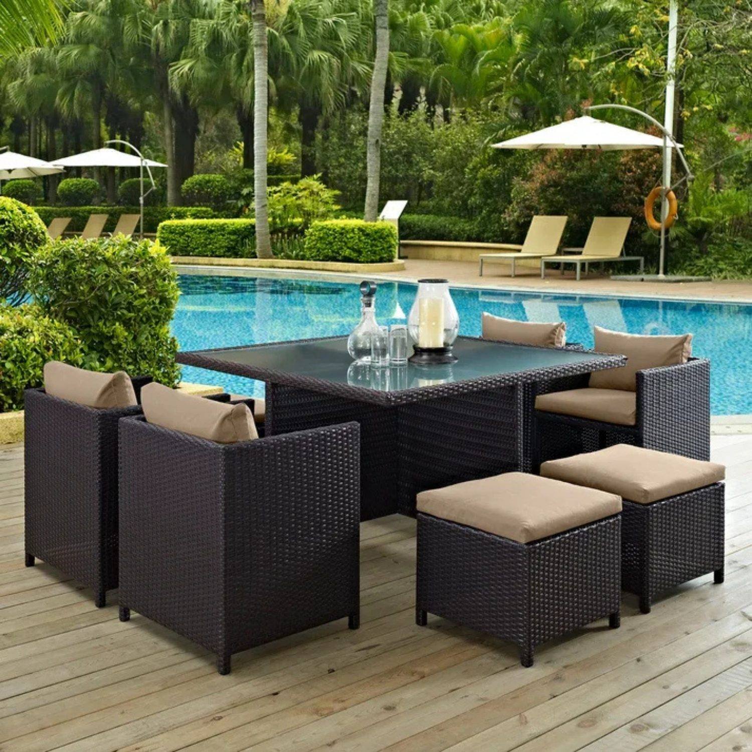 7 Piece Outdoor Wicker Dining Set With Ottoman And Table(Black & Beige) Table Without Glass Top