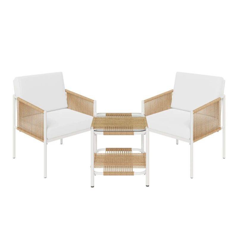 3 Piece Patio Outdoor Beige Rope Sofa Set