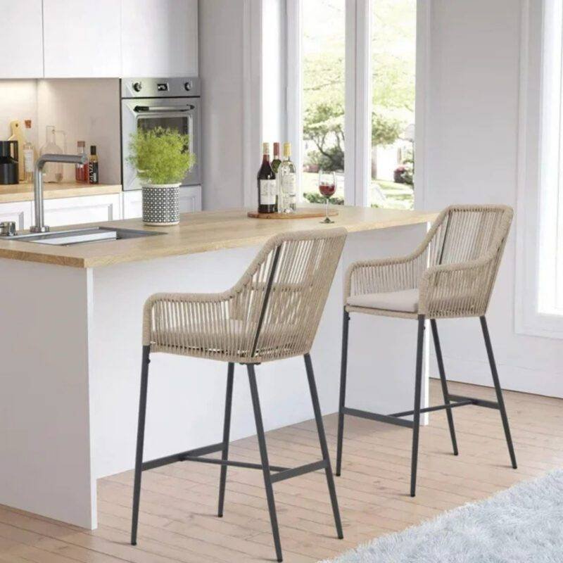 Outdoor Rope 2 Piece Patio Bar Stools With Cushions(Beige & Cream)