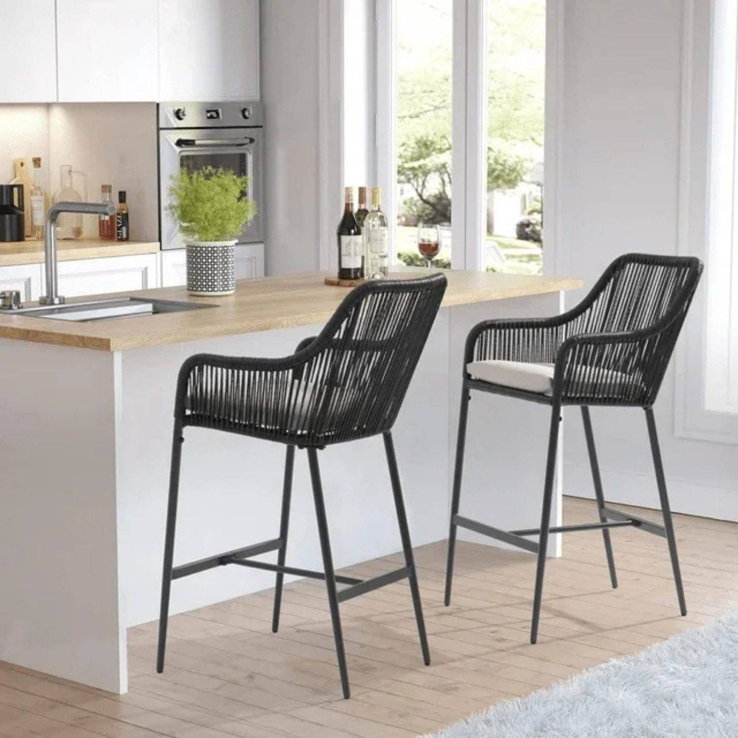 Outdoor Black Rope 2 Piece Patio Bar Stools With Armsrest & Cream Cushion