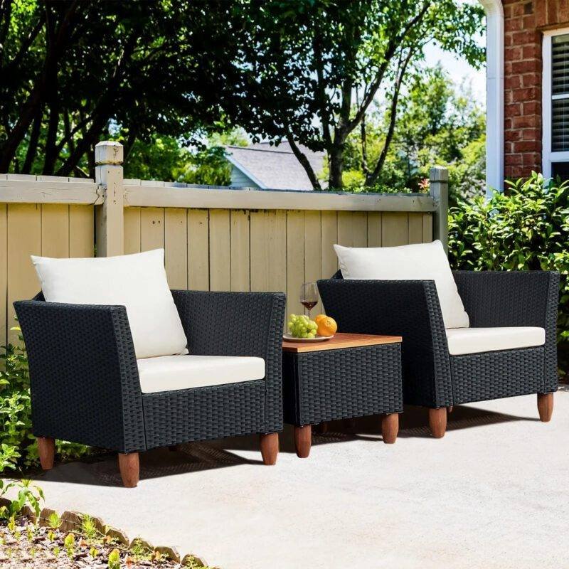 3 Piece Outdoor Sofa Rattan Wicker Patio Furniture Set (Black & White)