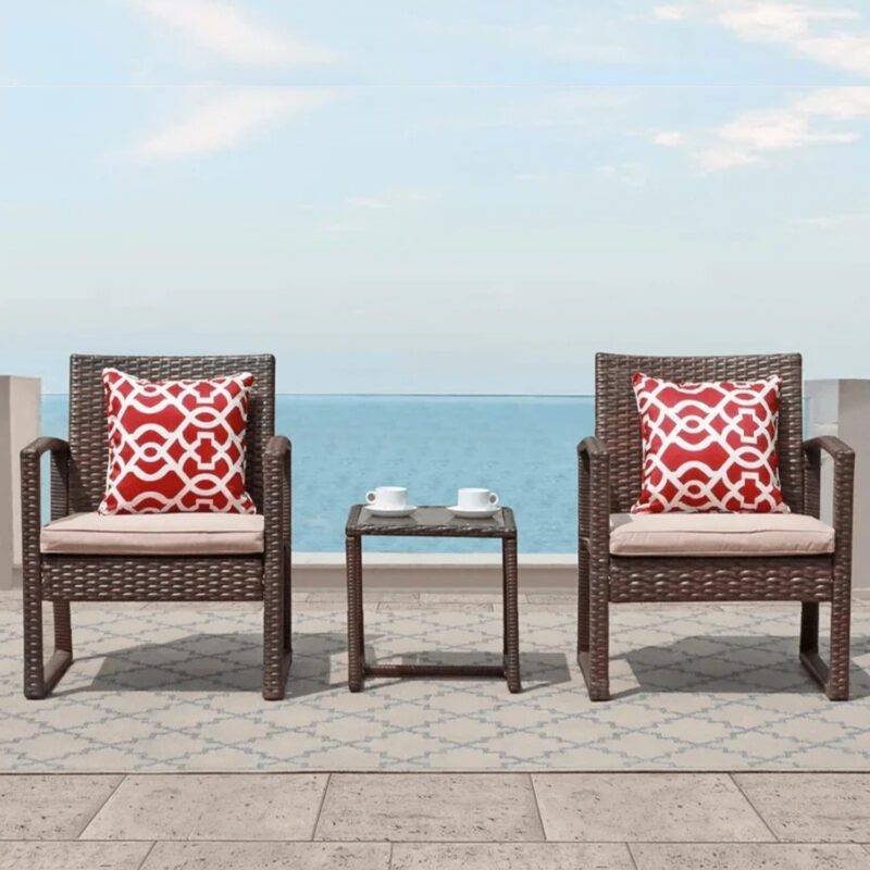 Outdoor 3 Piece Dark brown Wicker Patio Set with Table