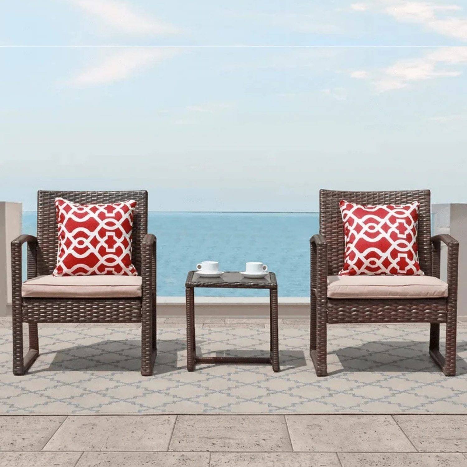 Outdoor 3 Piece Dark brown Wicker Patio Set with Table