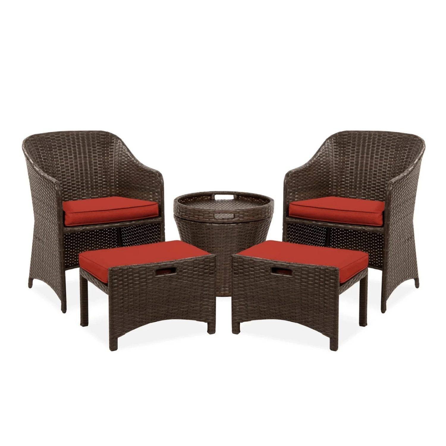 5 Piece Wicker Outdoor Patio Set with Ottoman & Table(Dark brown & Red)