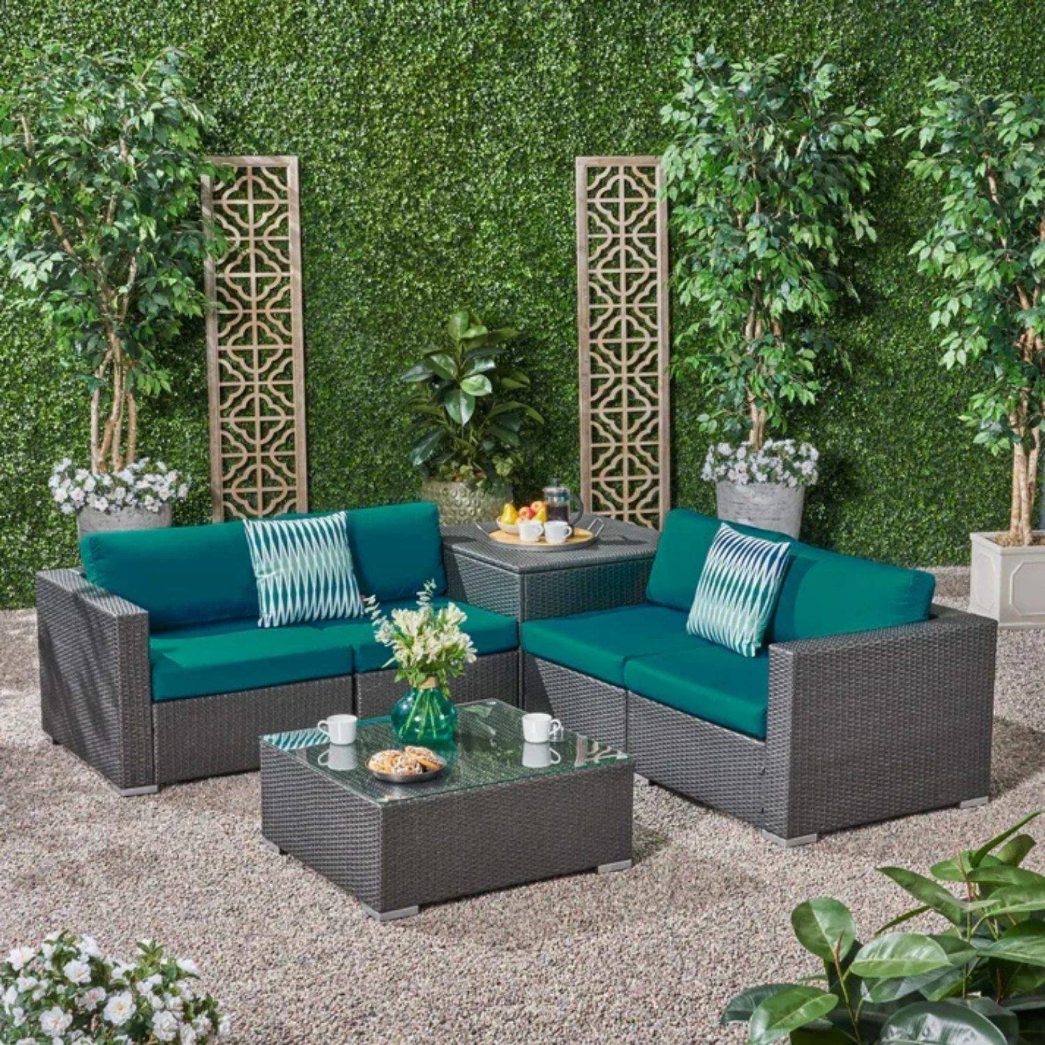 Outdoor Wicker 4 Piece Patio Sofa Set with Glass Top Coffee Table and Side Table(Dark Brown & Green)