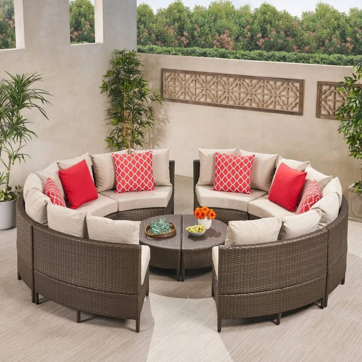 10 Piece Oval Shape Outdoor Wicker Patio Furniture (Dark Brown & Cream)