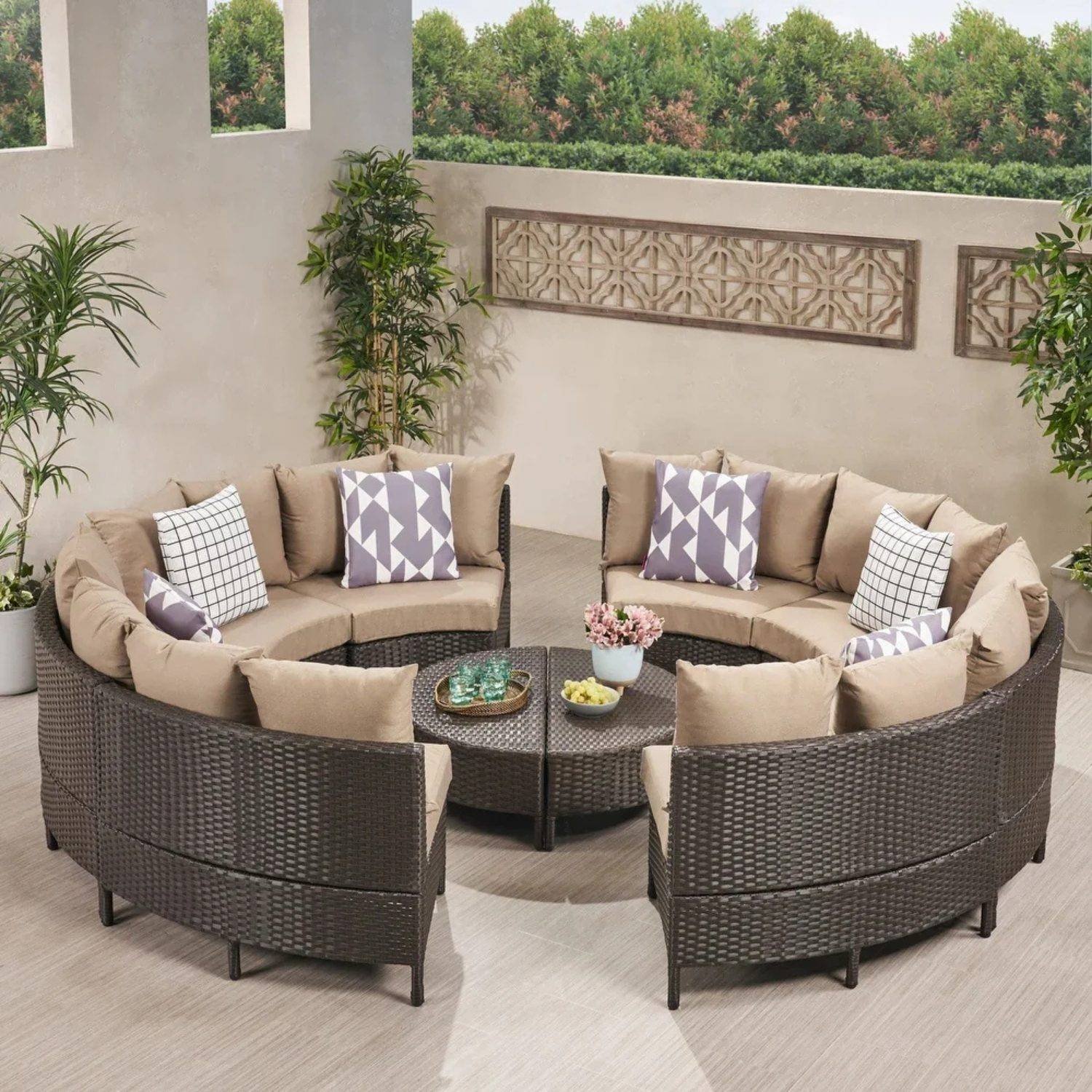 10 Piece Oval Shape Outdoor Wicker Patio Furniture (Dark Brown & Dark Cream)