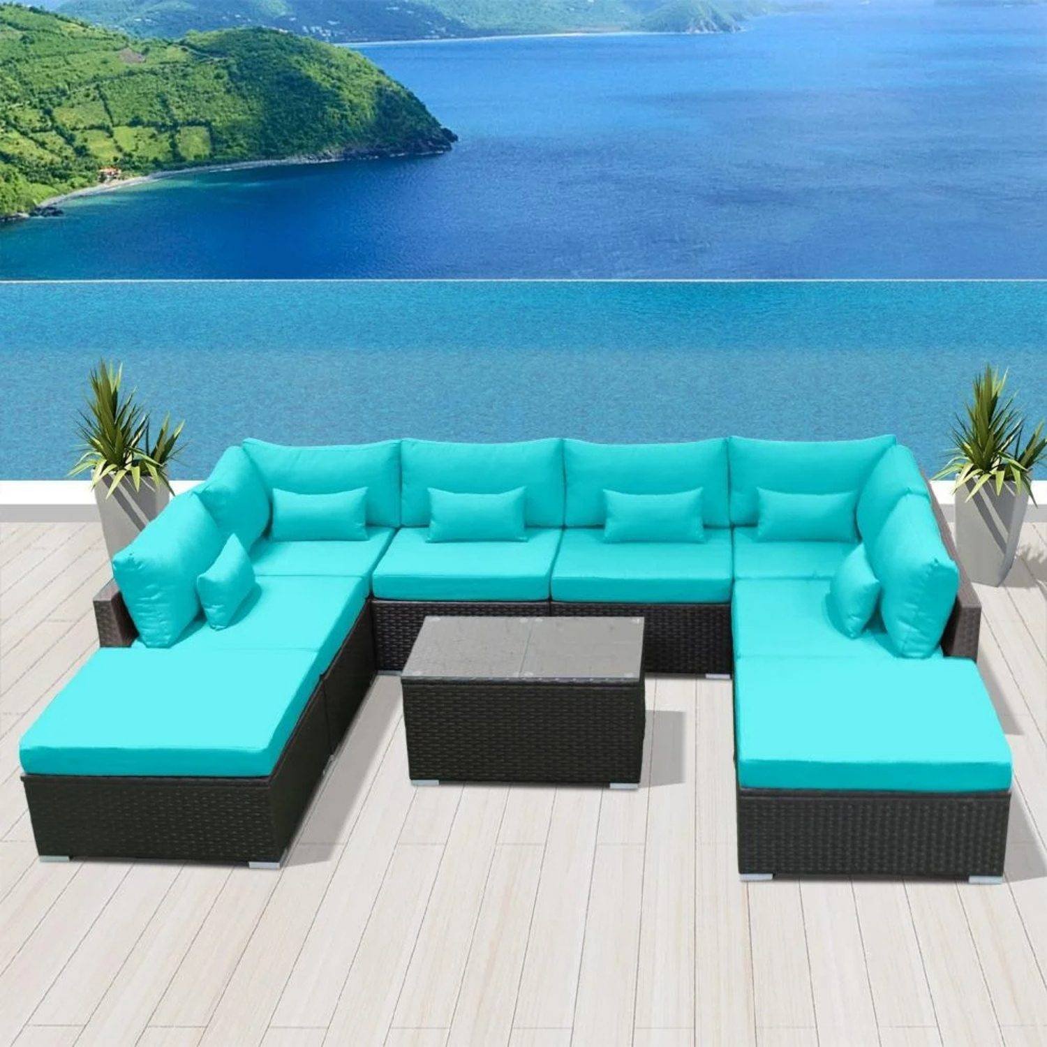 8 Seater Black Rattan Sectional Sofa Set With Sky Blue Cushions