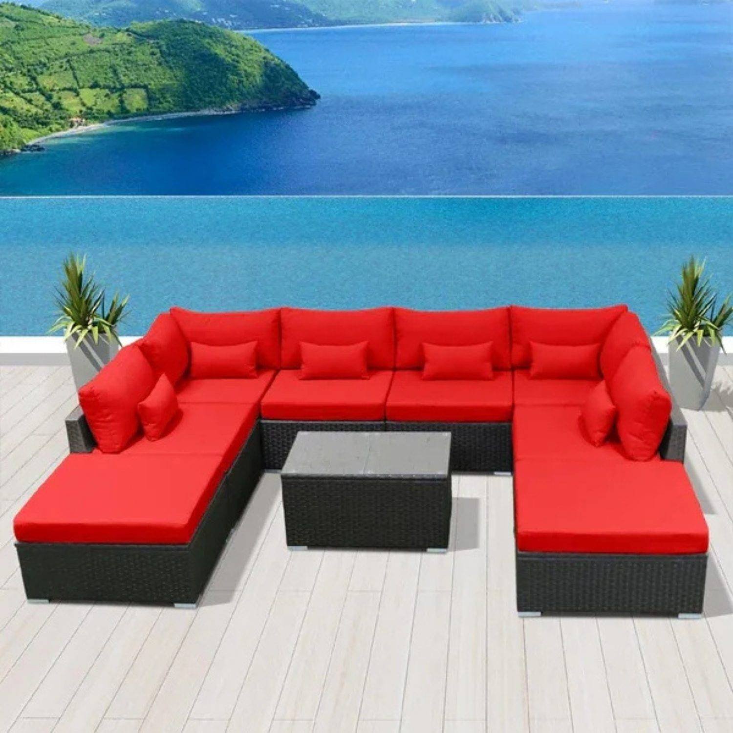 Outdoor 8 Seater Black Rattan Sectional Sofa Set with Red Cushions