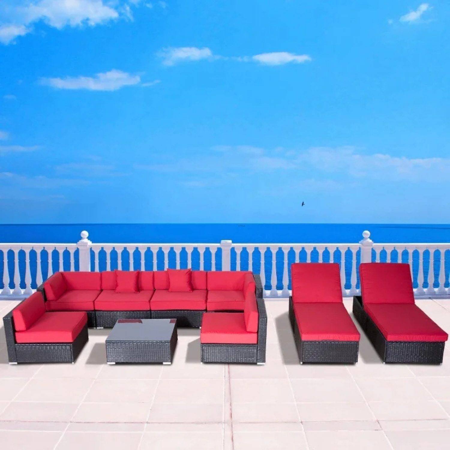 Outdoor 6 Seater Sectional Wicker Sofa Set with Center Table and Waterproof Recliner Lounge Chair(Black & Red)