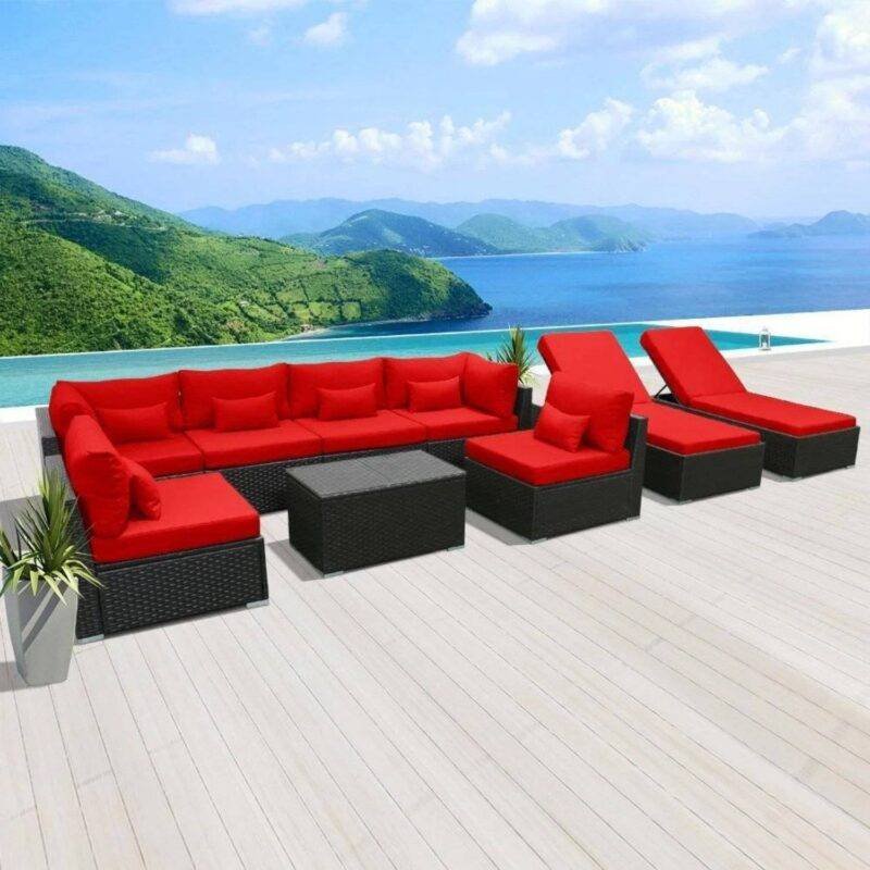 Outdoor Wicker Sofa With Glass Top Center Table & Waterproof Lounger (Black & Red)