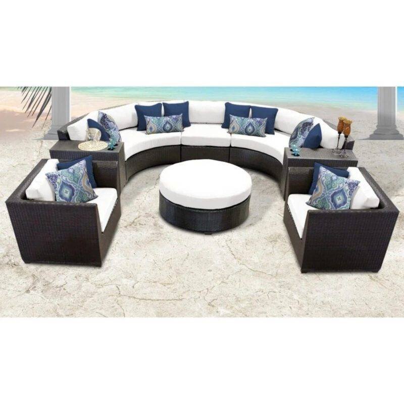 7 Seater Outdoor Indoor Garden Sectional Wicker Half Moon Round Sofa (Dark Brown & White)