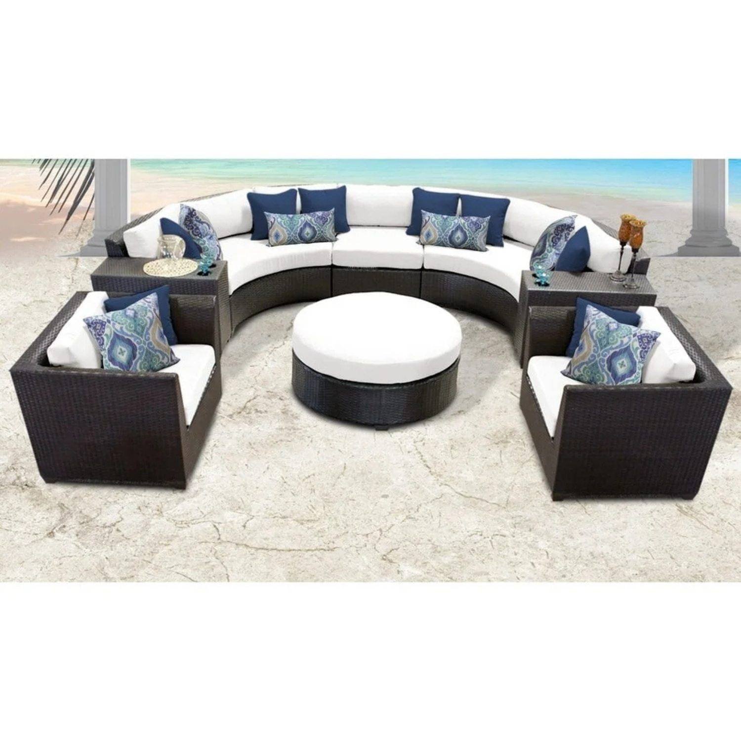 7 Seater Outdoor Indoor Garden Sectional Wicker Half Moon Round Sofa (Dark Brown & White)
