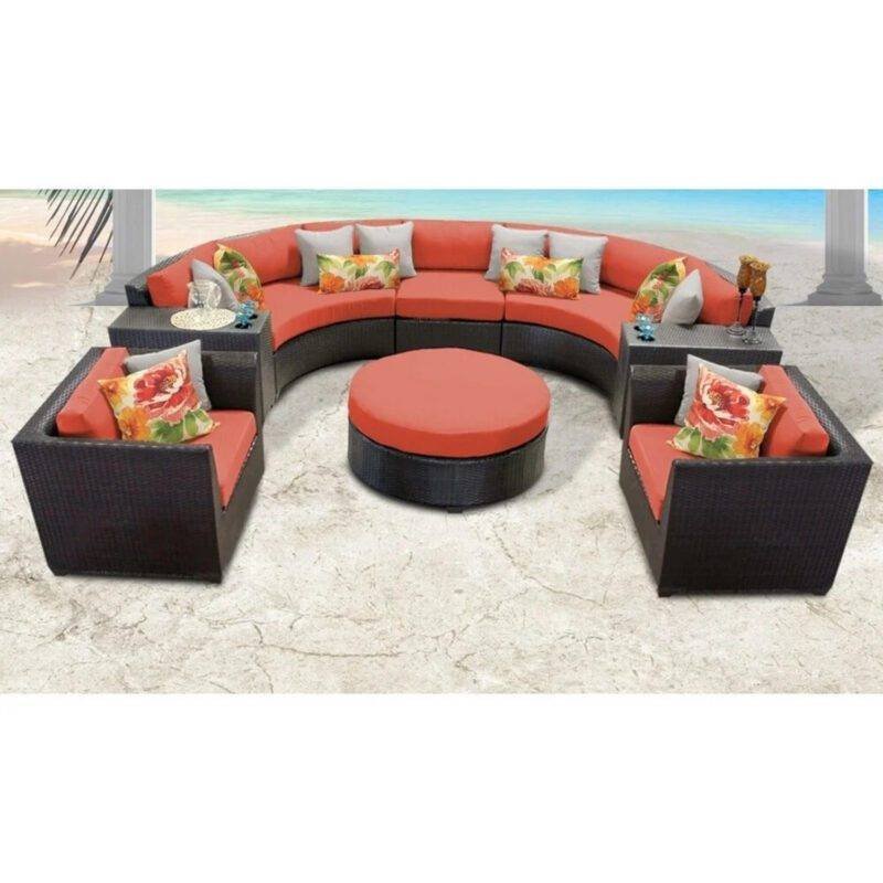 7 Seater Outdoor Indoor Garden Sectional Wicker Half Moon Round Sofa (Dark Brown & Orange)