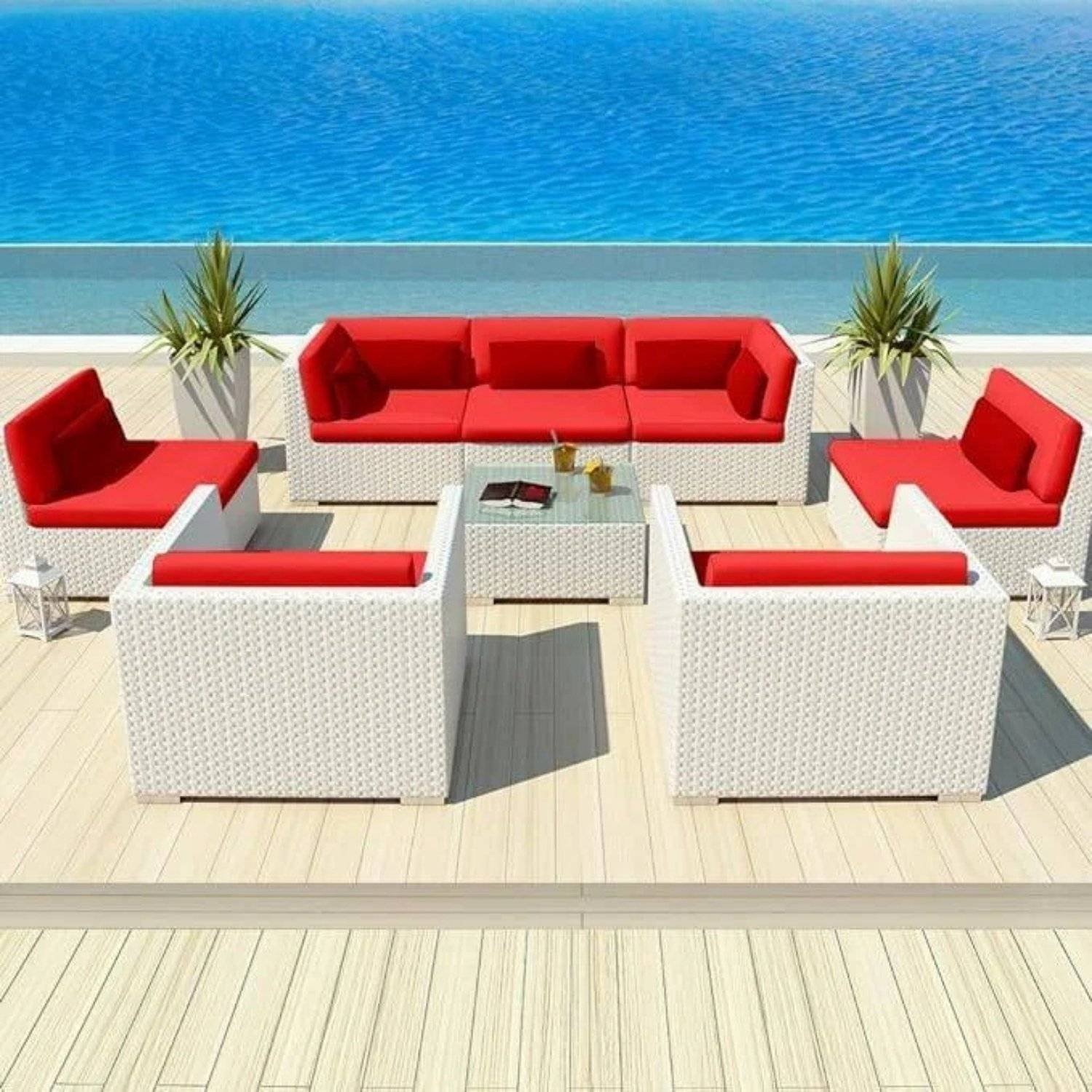 Outdoor 7 Seater White Wicker Sectional Furniture Set with Glass Top Square Coffee Table (White & Red)