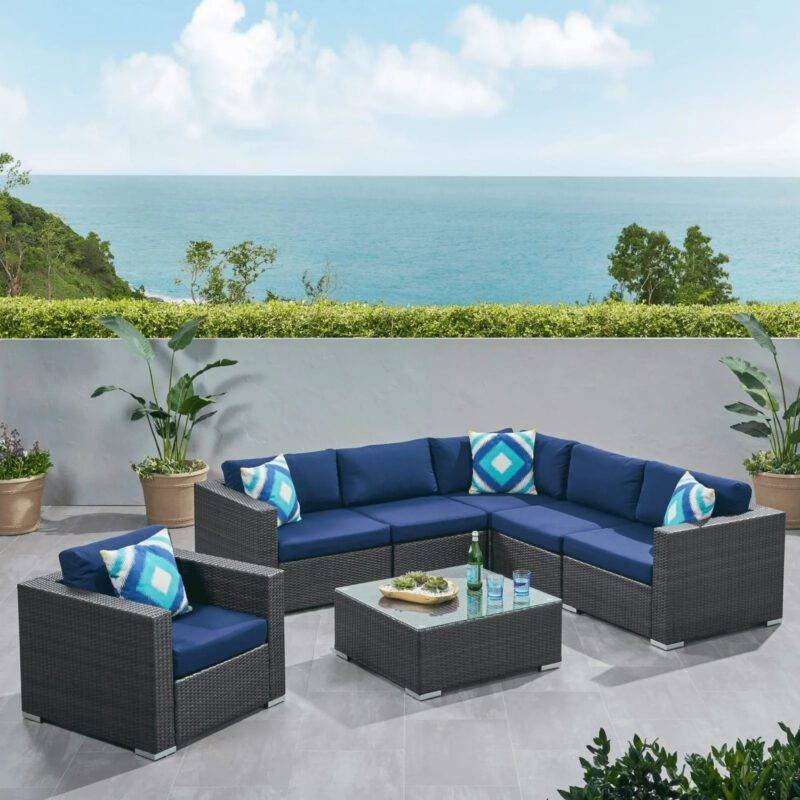 HDPE Wicker Rattan 4-Piece Outdoor L-Shape Sectional Sofa Set and Glass Top Center Table (Dark Brown & Navy Blue)