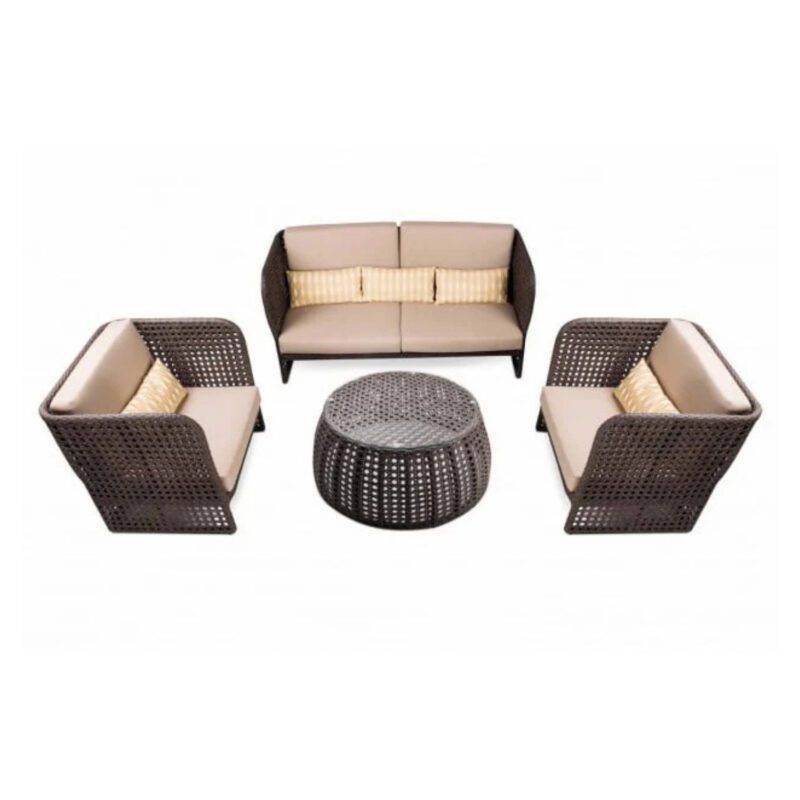 4 Piece Outdoor Wicker All Weather Resistant Comfortable Cushion Sofa (Dark Brown & Cream)