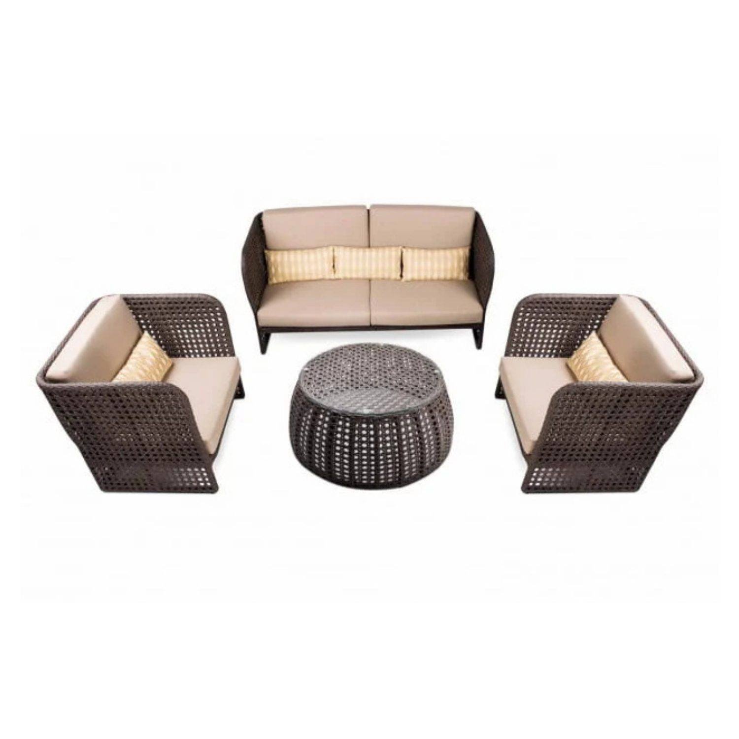 4 Piece Outdoor Wicker All Weather Resistant Comfortable Cushion Sofa (Dark Brown & Cream)