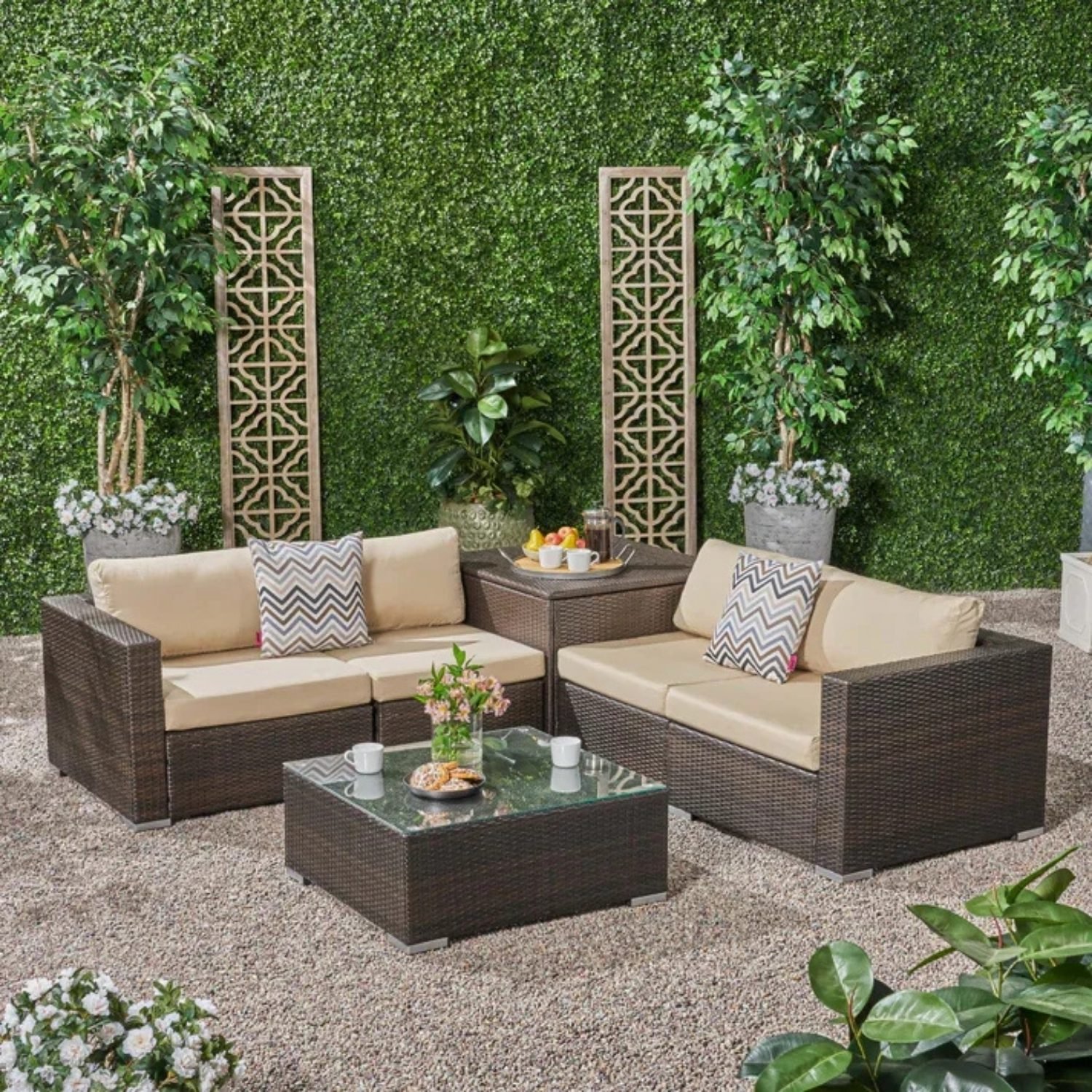 4 Piece Outdoor Wicker Furniture Patio Sofa Set with Glass Top Coffee Table and Side Table(Dark Brown & Cream)