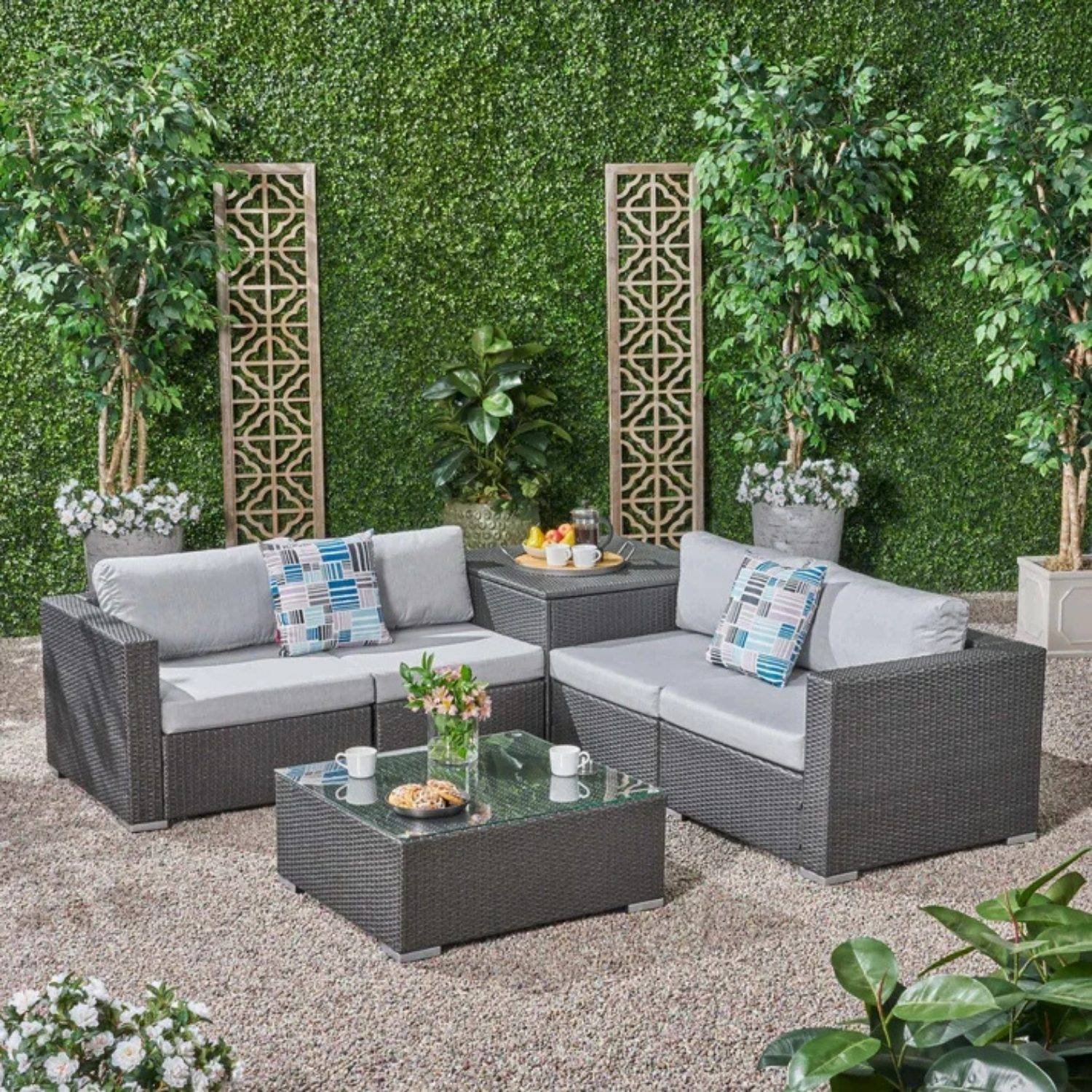 4 Piece Outdoor Wicker Furniture Patio Sofa Set with Glass Top Coffee Table and Side Table(Dark Brown & Grey)