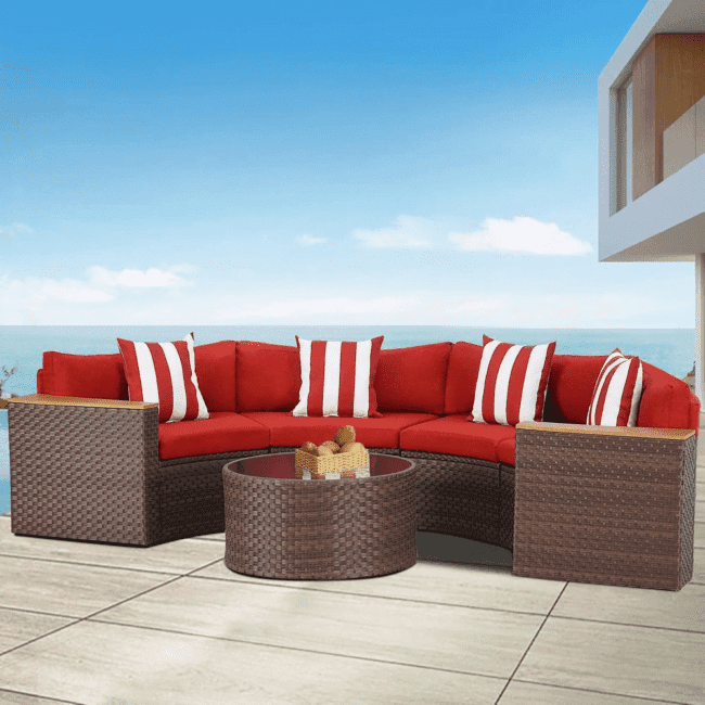 5-Piece Patio Outdoor Half-Moon Wicker Sectional Sofa Set with Wood Top Arm and Round Shape Center Table(Dark Brown & Red)