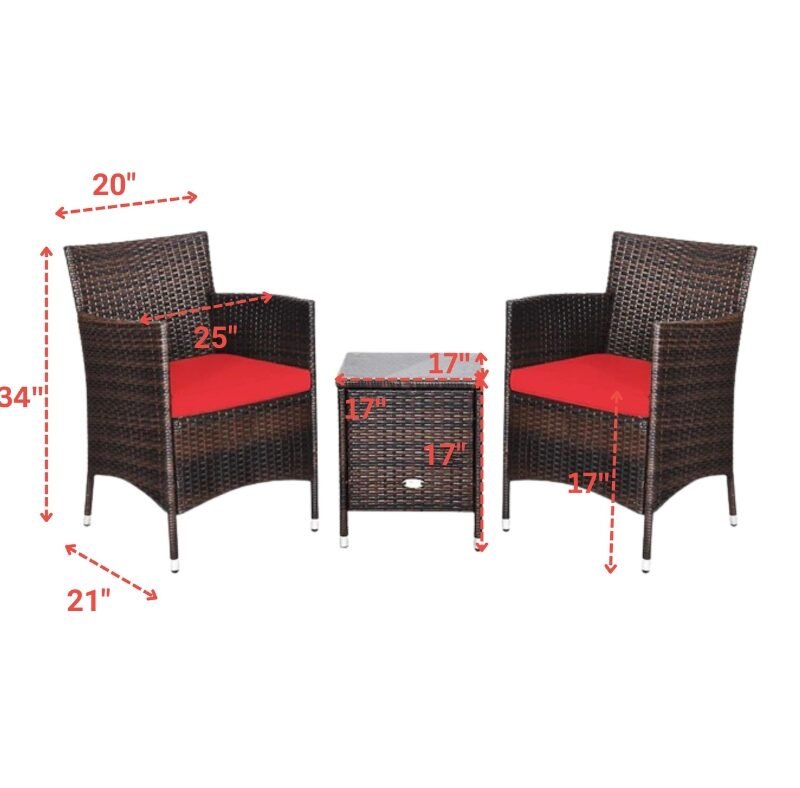 3 Pieces Patio Outdoor Wicker Bistro Set(Dark Brown & Red) - Image 2