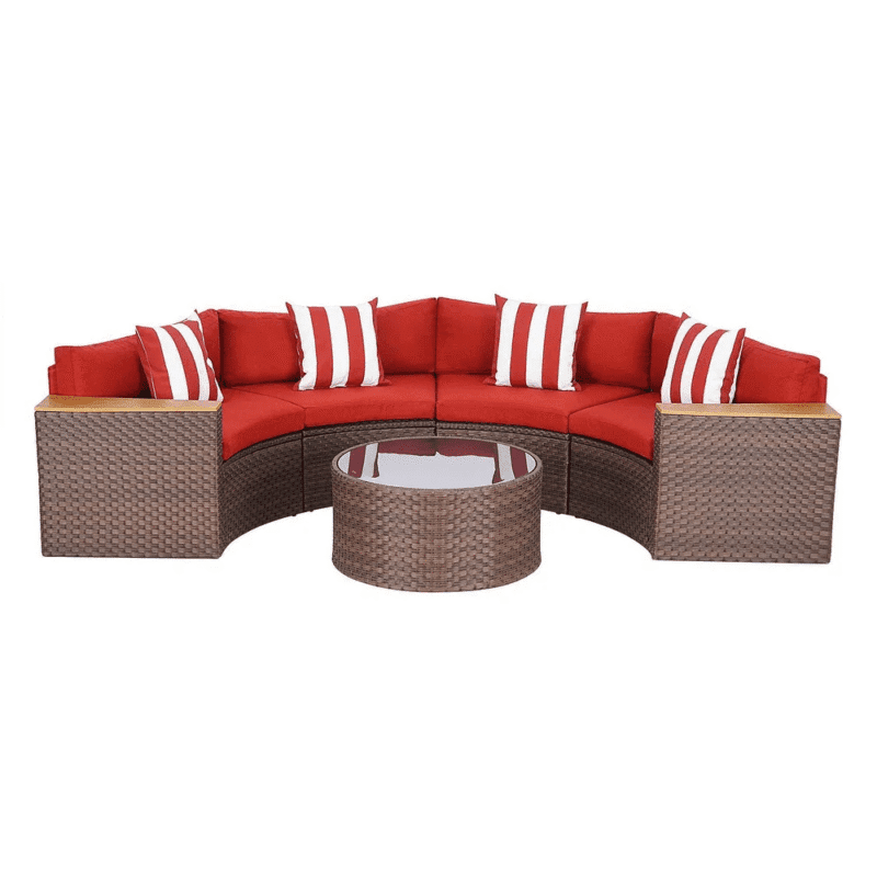 5-Piece Patio Outdoor Half-Moon Wicker Sectional Sofa Set with Wood Top Arm and Round Shape Center Table(Dark Brown & Red) - Image 4