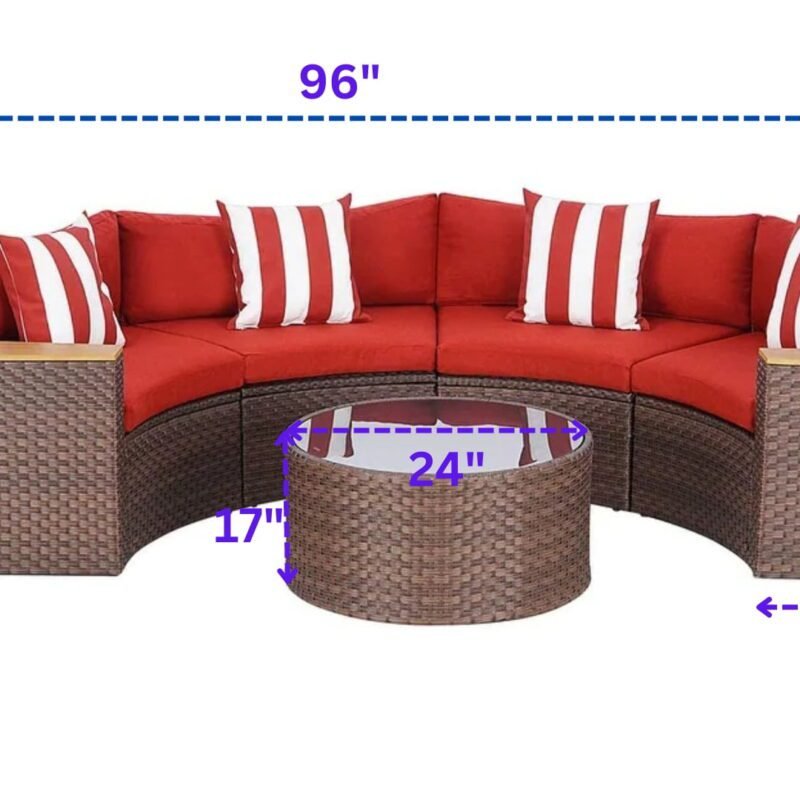 5-Piece Patio Outdoor Half-Moon Wicker Sectional Sofa Set with Wood Top Arm and Round Shape Center Table(Dark Brown & Red) - Image 2
