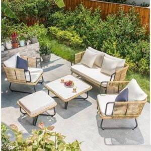 Outdoor 5pcs All-Weather Rope Sofa Set with Cushions (Beige & White)