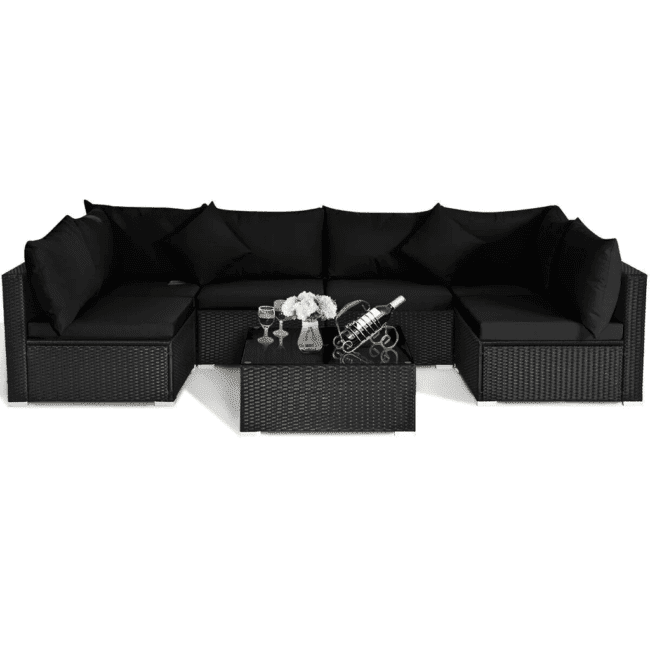 6 Seater Black Wicker Rattan All Weather Furniture with Glass Top Table - Image 5