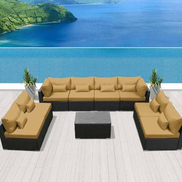 8 Seater Sectional Sofa Furniture for Garden Terrace All Weather Proof Cushions (Black & Beige)