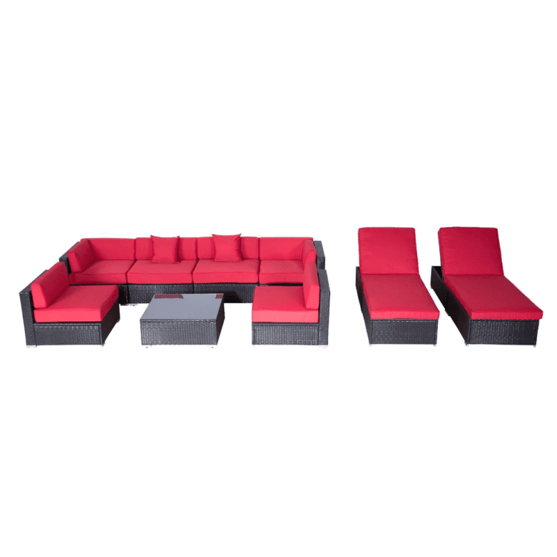 Outdoor 6 Seater Sectional Wicker Sofa Set with Center Table and Waterproof Recliner Lounge Chair(Black & Red) - Image 5