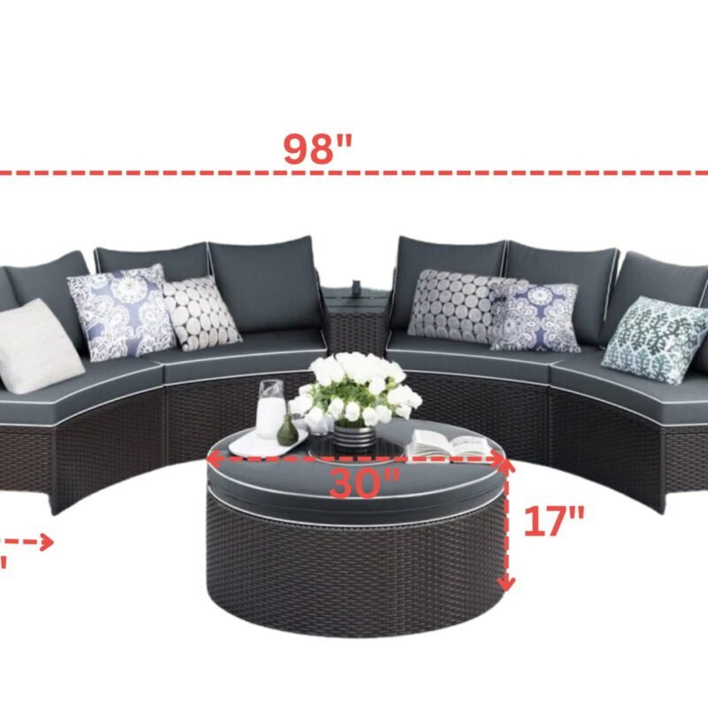 Dark Brown 6-Piece Wicker Rattan Half-Moon Outdoor Sectional Sofa Set with Round Center Table - Image 2
