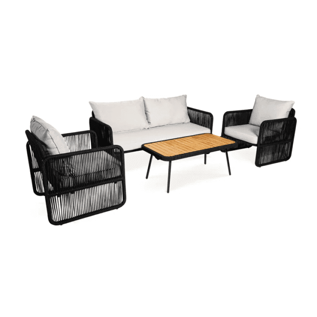 4 Piece Outdoor Rope Sofa Set With Wood Top Table (Black & Grey) - Image 8